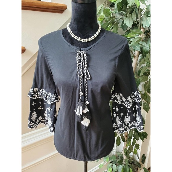 A.n.a Womens Black Solid Long Sleeve Round Neck Drawstring Blouse Top Size XS - Picture 9 of 13